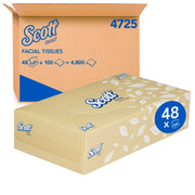 SCOTT Facial Tissues 4725 – 2-ply, bulk pack of 48 boxes (4,800 tissues). Soft, absorbent, and eco-friendly tissues for offices, businesses, and washrooms