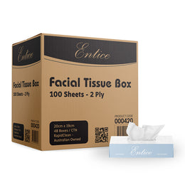 Box of Entice facial tissues with a smaller box of tissues in front on a white background