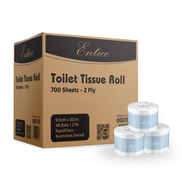 Entice toilet tissue roll packaging with three rolls in front on a white background