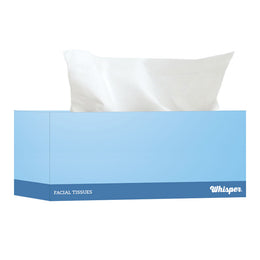 Box of Whisper facial tissues with a white tissue peeking out on a white background