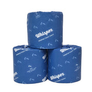 Three rolls of Whisper premium toilet tissue on a white background