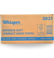 Box of Whisper superior soft compact hand towels on a white background