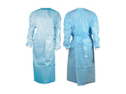 Blue medical gown shown from front and back on a white background