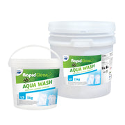 Two buckets of RapidClean Aqua Wash laundry powder on a white background