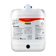 A 5L bottle of Agar Bleach with a label that includes safety instructions and a table of contents.