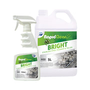 RapidClean Bright stainless steel cleaner and polish with spray bottle and 5L container on a white background
