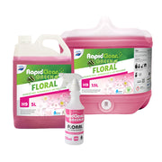 RapidClean Green Floral cleaning products including a large pink container, a smaller white bottle, and a 5L bottle on a white background.