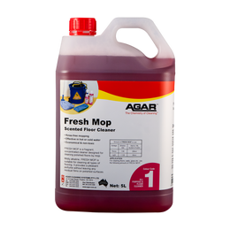 A red and white bottle of Agar Fresh Mop scented floor cleaner with a label featuring a mop and product information.