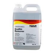 A 5L bottle of Agar Graffiti Remover with a white, red, and yellow label, indicating it is a low odour formula for removing graffiti from various surfaces.