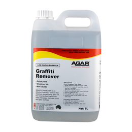A 5L bottle of Agar Graffiti Remover with a white, red, and yellow label, indicating it is a low odour formula for removing graffiti from various surfaces.