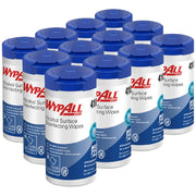 Multiple containers of WypAll alcohol surface disinfecting wipes on a white background