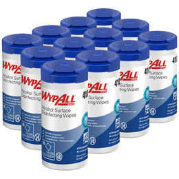 Multiple containers of WypAll alcohol surface disinfecting wipes on a white background