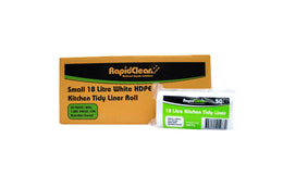 RapidClean packaging for small 18 litre white HDPE kitchen tidy liner roll on a white background