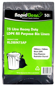 Pack of RapidClean 73 litre heavy-duty bin liners with green label