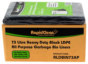 Box of RapidClean heavy duty black garbage bin liners with green label