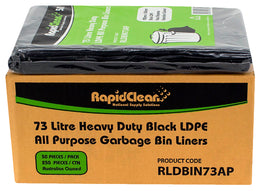 Box of RapidClean heavy duty black garbage bin liners with green label