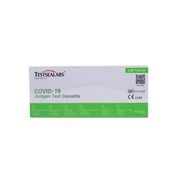 COVID-19 antigen test cassette packaging with Testsealabs branding on a white background