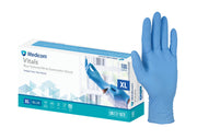 Blue examination gloves with Medicom Vitals packaging on a white background