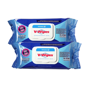 Two packages of V-Wipes on a white background