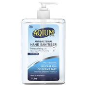 Aquim Antibacterial Hand Sanitiser 1L bottle – 99.99% germ kill, fast-drying, and moisturizing formula.