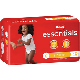 Huggies Junior Nappies – Essentials Unisex, 16kg+, 160 Pack, Leak Lock protection, ultra-absorbent, soft fit.