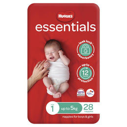 Huggies Newborn Nappies – Essentials Unisex, 0-5kg, 112 Pack, Leak Lock protection, ultra-absorbent, soft fit