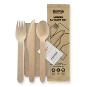 BioPak 16cm wood knife, fork, spoon, napkin, salt and pepper set