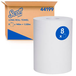 SCOTT Long Roll Paper Towels – 8 Rolls per Case, 140m per Roll, 1,120m Total, FSC Certified, AIRFLEX Technology, Bulk Paper Towels for Commercial Washrooms.